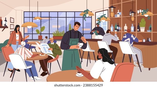 Cafe interior. Woman drink coffee on the table, indoor. People with cocktails sitting at bar counter. Professional waiter in apron take order. Friends meeting in restaurant. Flat vector illustration