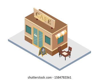 Cafe isolated on white background. Isometric Bistro with outdoor terrace facade. Modern restaurant building with tables and chairs on street