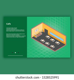 Cafe. Isometric interior building with 3d images. Isometric illustration design for interiors, buildings, room and more.

