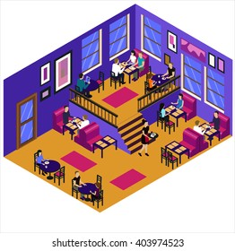 cafe, isometric cafe interior, isometric restaurant, restaurant interior, cafe isometric interior, cafe interior with customers, cafe people, cafe room, coffee house, coffee cafe purple yellow