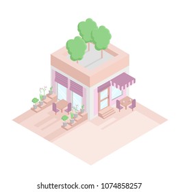 cafe in the isometric style on the second floor grow trees
