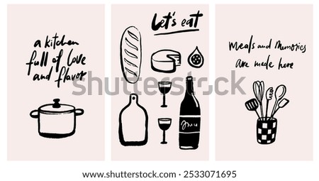 Cafe kitchen wall art set, inspirational quotes about cooking posters, modern trendy minimalist vector doodles of kitchen utencils and food.