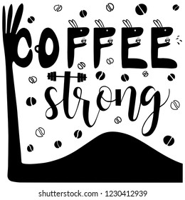 Cafe label and coffee beans and a hand with a strong bicep on the white background