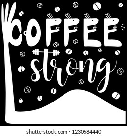 Cafe label and coffee beans and a hand with a strong bicep on the black background