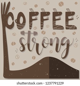 Cafe label and coffee beans and a hand with a strong bicep in brown color