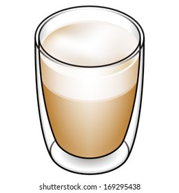 Cafe latte in a tall delicate double-walled glass with a layer of milk foam. 
