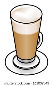 Cafe latte in a tall glass with a layer of milk foam.