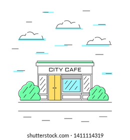 Cafe line design for any purposes. Town architecture building concept. Colorful vector illustration with street bakery store on the sidewalk with bushes. 