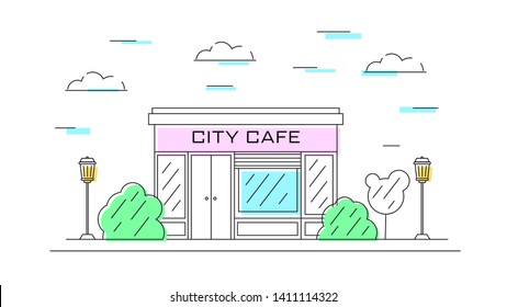Cafe line design for any purposes. Town architecture building concept. Colorful vector illustration with street bakery store on the sidewalk with bushes and tree. 