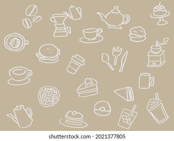 Cafe line drawing icon set.
White outline on light brown background.