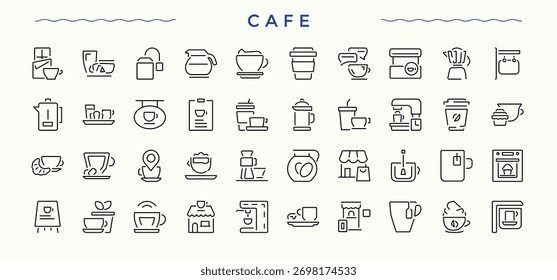 Conjunto de iconos de línea de café. Conjunto de iconos mínimos. Relacionado con cocina, mesa, cafés, bebida, comida. Trazo editable. Pixel perfecto. Paquete de iconos de comida.
