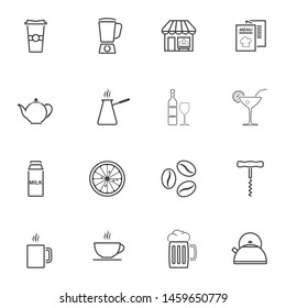 Cafe line icons set. linear style symbols collection, outline signs pack. vector graphics. Set includes icons as restaurant menu, cocktail drink, coffee beans, hot tea, beer mug, milk box, wine, cezve
