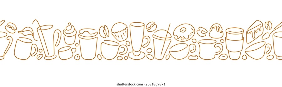 Cafe line repeat pattern. Coffee, tea, cocoa, hot chocolate in cups. Abstract border in simple style. Modern illustration for food package, menu, flyer background. Graphic horizontal strip, wallpaper