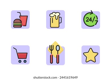 Cafe line sign set. Beer mug, rating star, burger and soda, fork and spoon, all-day cafe. Food concept. Can be used for signboards, poster, brochure