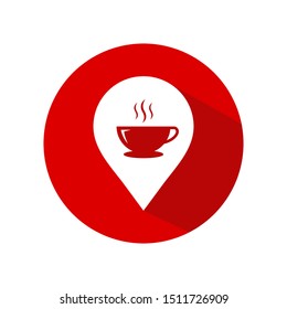 Cafe location icon vector, isolated on red circle