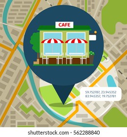 Cafe location map with map pin and cafe front. Vector illustration