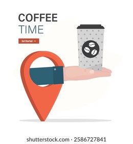 Cafe location pin mark. Waiter or barista hand give coffee cup from navigation pin. Coffee break, time management. Coffee time, landing page template. flat style vector illustration