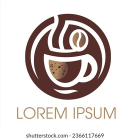 The cafe logo in black and brown, there are symbols of coffee aroma, coffee cups, cookies and coffee beans