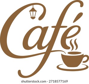 Cafe Logo with Coffee Cup and Lamp Post in Brown Style