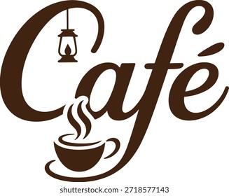 Logotipo del café con la taza de café y la linterna, diseño marrón elegante