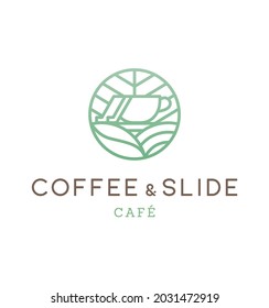 Cafe Logo, coffee cup, leaf, nature, slide playground, Kids cafe, Logo illustration outline, icon vector