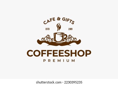 cafe logo with cup and coffee beans