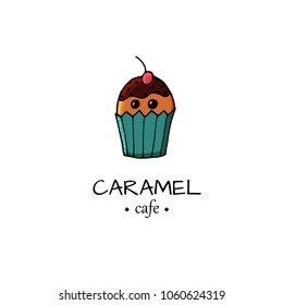 Cafe logo with cupcake in hand drawn style.