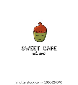 Cafe logo with cupcake in hand drawn style.
