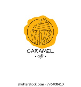 Cafe logo with cupcake in hand drawn style. For web, print and creative design