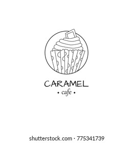 Cafe logo with cupcake in simple style. For web, print and creative design