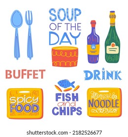 Cafe Logo Design Illustration. Food menu template with lettering, drink, bottle. Vector set. Soup of the day, buffet.