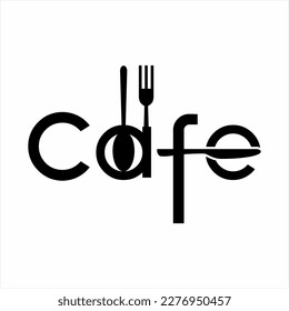 Cafe logo design with illustration of spoon and fork on the letter A which forms the eye symbol, knife on the letters F and E. Unique cafe logo design.