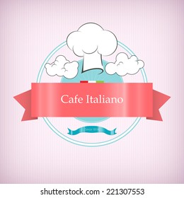 Cafe logo icon with toque in the clouds, pink ribbon with the name of the Italian restaurant on a pink background, vector illustration