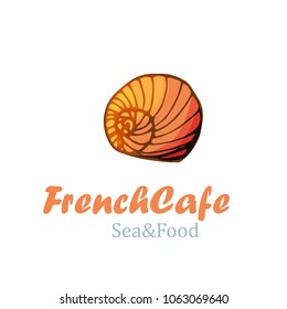 Cafe logo with shell in cartoon style. Vector illustration