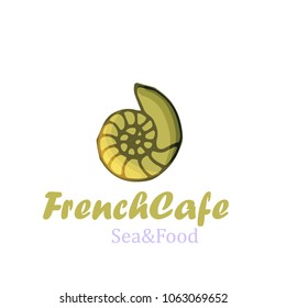 Cafe logo with shell in cartoon style. Vector illustration