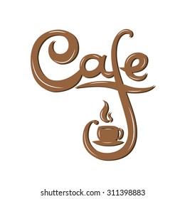 Cafe logo with steamed cup of hot coffee/tea and lantern. Vector illustration, brown on white, isolated background. Could be used also as icon, sign or element of decor.