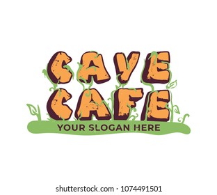 Cafe logo with stone text and green grass. Colorful vector illustration