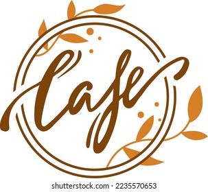 Cafe logo with symbol label, icon sign design vector illustration. Circle element with graphic leaves, isolated on white.