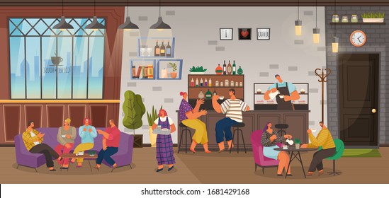 Cafe with lots of customers and visitors. Barista making coffee for clients. Couple talking by counter. Friends sitting on comfy couch playing games and drinking beverages. Vector in flat style