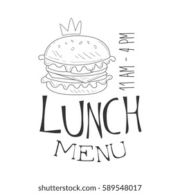 Cafe Lunch Menu Promo Sign In Sketch Style With Burger And Opening Hours, Design Label Black And White Template