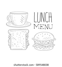 Cafe Lunch Menu Promo Sign In Sketch Style With Sandwich, Burger And Coffee, Design Label Black And White Template