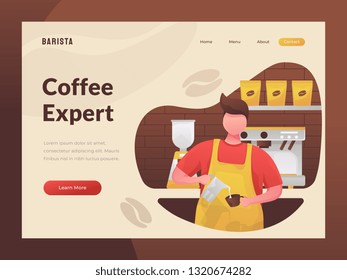 at the cafe the man as barista, making a cup of coffee  website mobile site concept, modern web banner header, vector flat style illustration can be used as online shop webpage, flat illustration