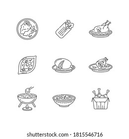 Cafe meals pixel perfect linear icons set. Wrapped shawarma with meat and lettuce. Khachapuri recipe. Customizable thin line contour symbols. Isolated vector outline illustrations. Editable stroke