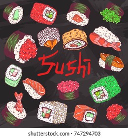 Cafe menu background with sushi set with makizushi, nigirizushi, gunkan, rolls Philadelphia, California, Alaska, hot baked sushi rolls with salmon, eel, cucumber, avocado, tuna, tobiko on chalkboard