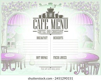 Cafe menu blank template with old style street cafe graphic illustration