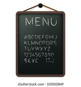 Cafe menu board with chalk alphabet. Vector illustration.