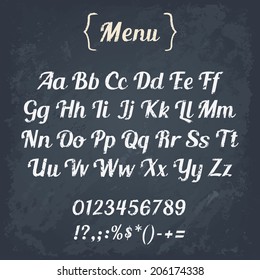 Cafe menu board with chalk alphabet. Vector illustration