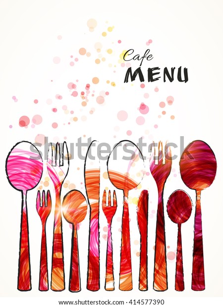 Cafe Menu Card Design template.\
Sketch colorful flatware background. Vector Illustration\
