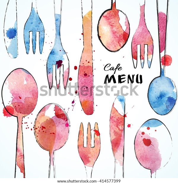 Cafe Menu Card Design template.\
Sketch Watercolor flatware background. Vector\
Illustration