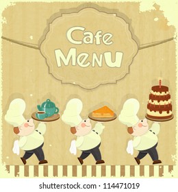 Cafe Menu Card in Retro style - cooks brought  dessert - Vector illustration